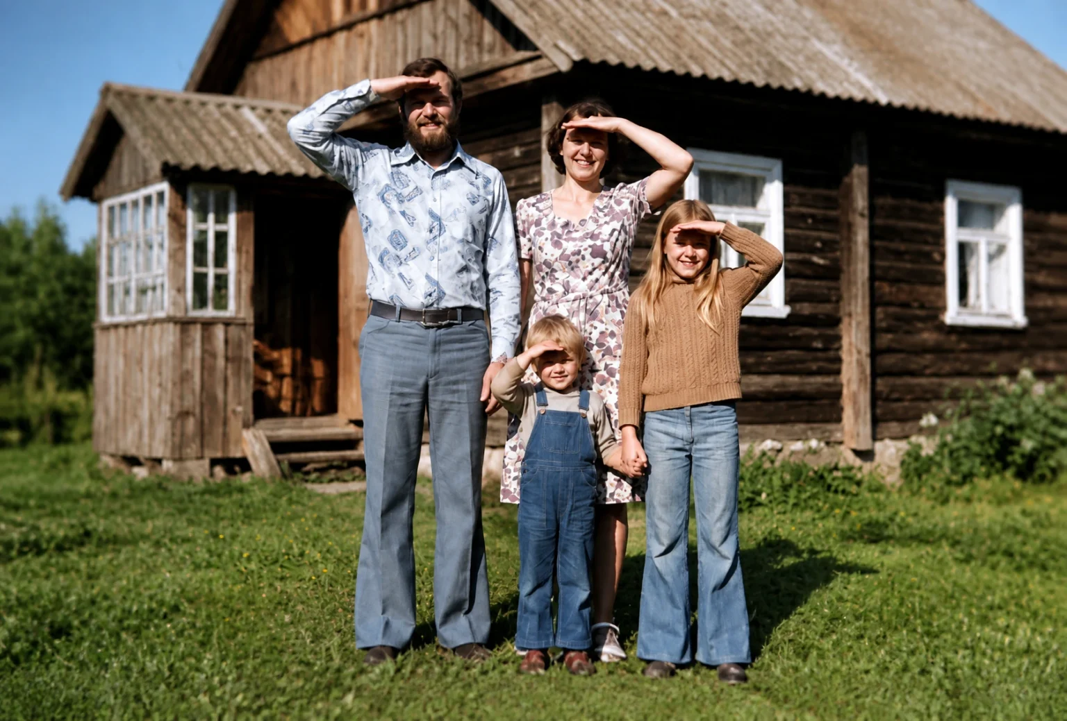 Чёрно-белое семейное фото и оно же в цвете после восстановления